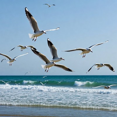 Flock of seagulls flying over ocean