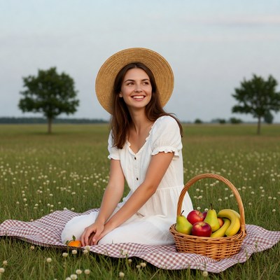 Woman with fruit basket in field