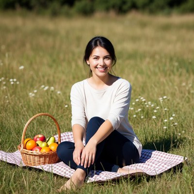 Asian woman with fruit basket on picnic