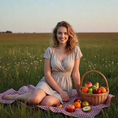 Woman with apples in grass field