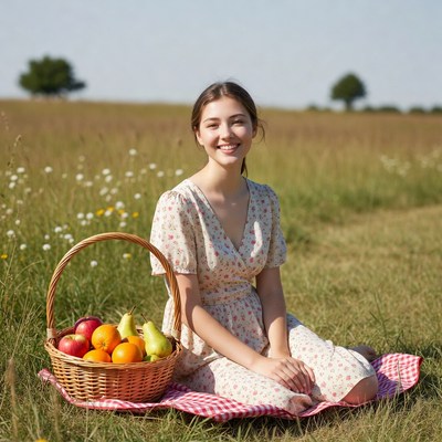 Young woman holding fruit basket in field