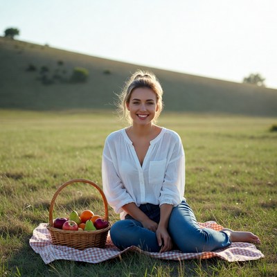 Woman with fruit basket on picnic blanket