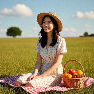 Asian woman with fruit basket in field