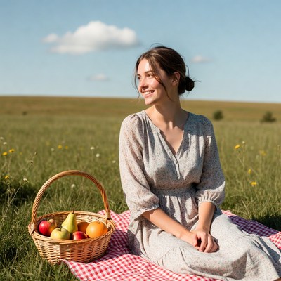 Woman with fruit basket on picnic blanket