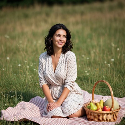 Woman with pears on picnic blanket
