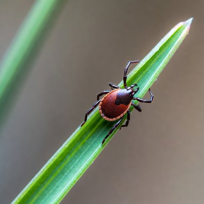 Red tick on green grass blade