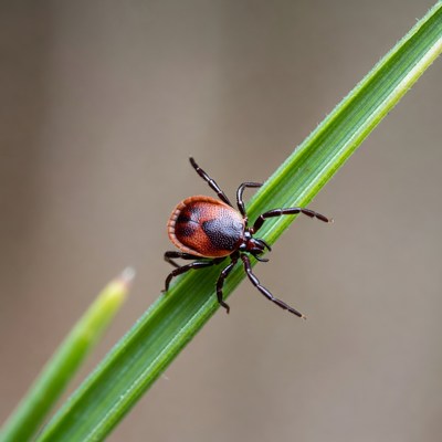 Red tick on green grass blade