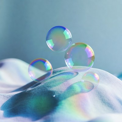 Floating iridescent soap bubbles