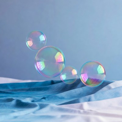 Floating iridescent soap bubbles