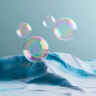 Colorful soap bubbles floating over blue fabric