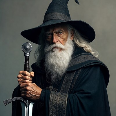 Elderly wizard holding sword