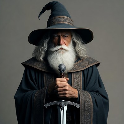 Elderly wizard holding sword