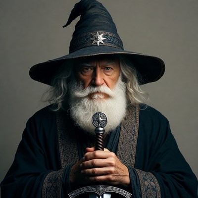 Wizard holding sword in robe