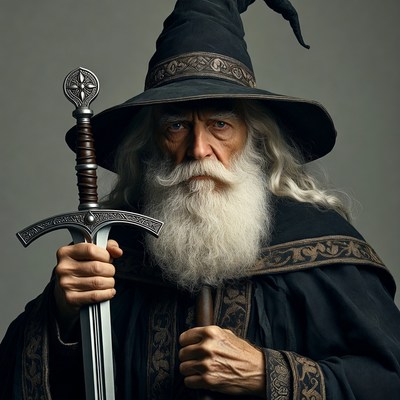 Elderly wizard holding sword