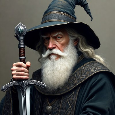 Old wizard holding sword