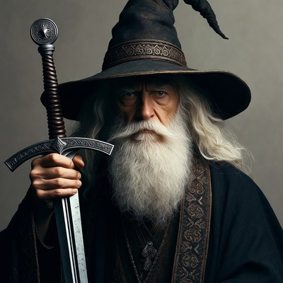 Elderly wizard holding sword