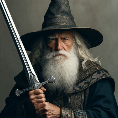 Elderly wizard holding sword