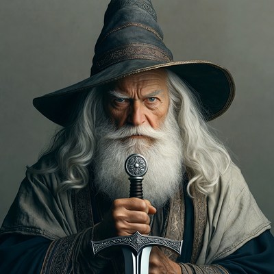 Elderly wizard holding sword