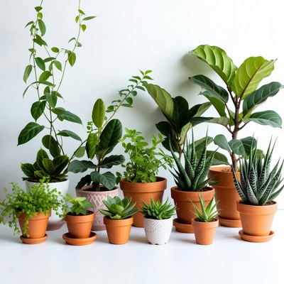 Variety of potted houseplants on white background
