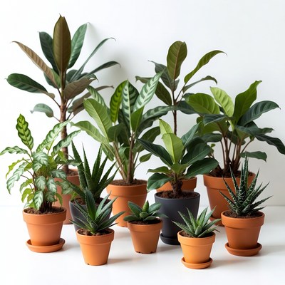 Assortment of houseplants in terracotta pots
