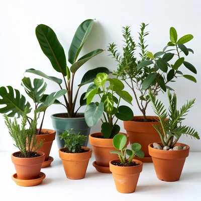Assortment of houseplants in terracotta pots