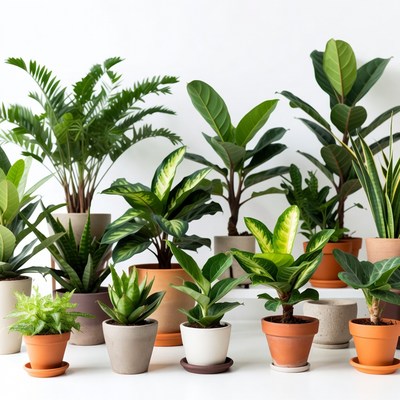 Variety of potted houseplants on white background