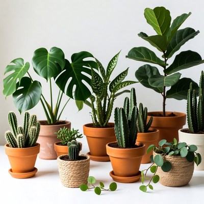Variety of potted houseplants on white background