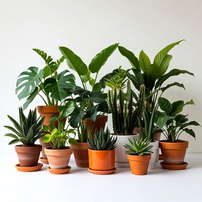 Variety of potted houseplants on white background