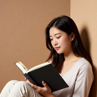 Asian woman reading book in corner