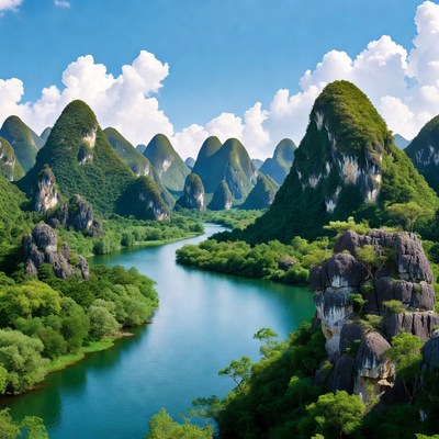 Karst Mountains and River Landscape