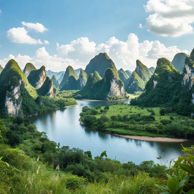 Karst Mountains and River Landscape