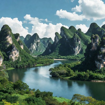 Karst Mountains and River Landscape