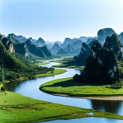 Winding River Through Karst Mountains