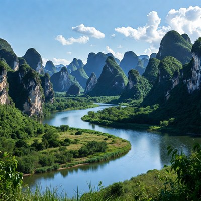 Winding River Through Karst Mountains