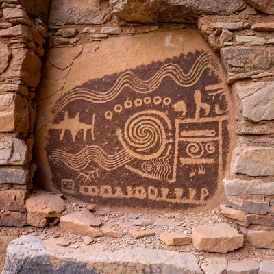 Ancient petroglyphs on rock wall