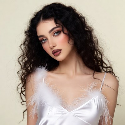 Woman with curly black hair in white feathered top