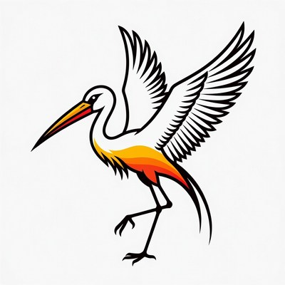 White stork with orange beak flying