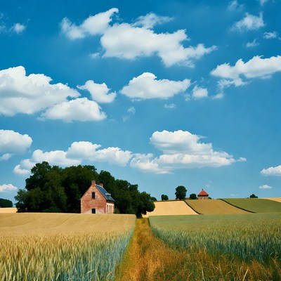Red Brick Farmhouse in Wheat Fields