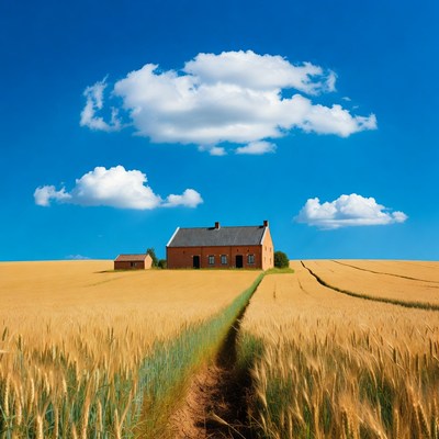 Red Brick House in Golden Wheat Field