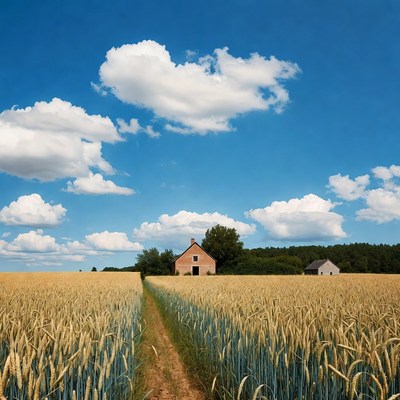 Red Barn in Golden Wheat Field