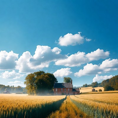 Red House in Golden Wheat Field