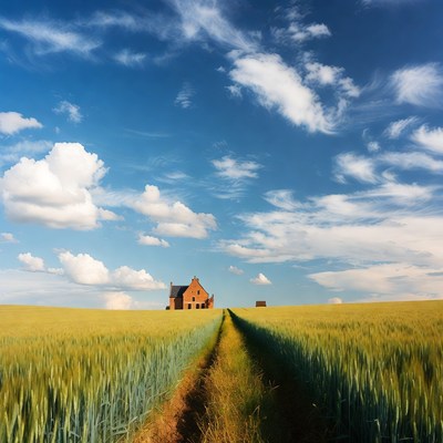 Red Brick House in Wheat Field Path
