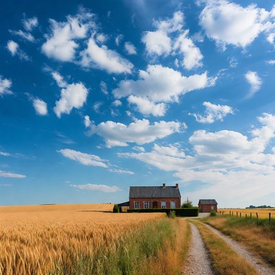 Red farmhouse in golden wheat field
