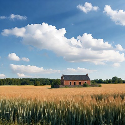 Red brick house in wheat field