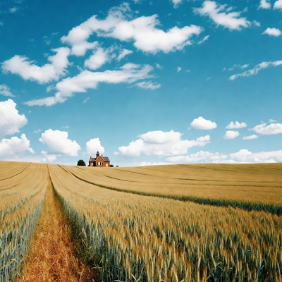 Red House in Golden Wheat Field