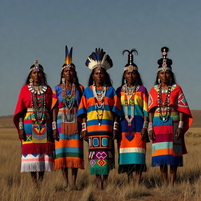 Five Indigenous Women in Colorful Traditional Attire