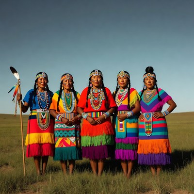 Five Indigenous women in colorful traditional dresses