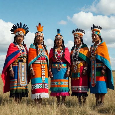 Five Indigenous women in colorful traditional attire