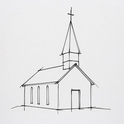 Line drawing of church with steeple