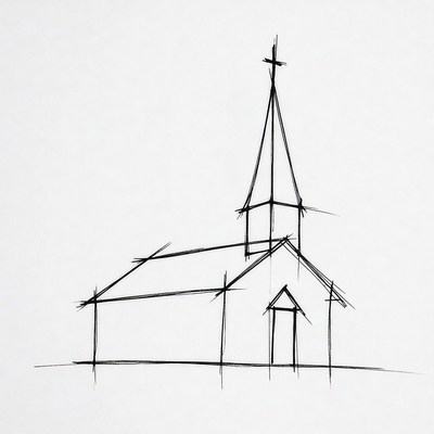 Line drawing of church with steeple